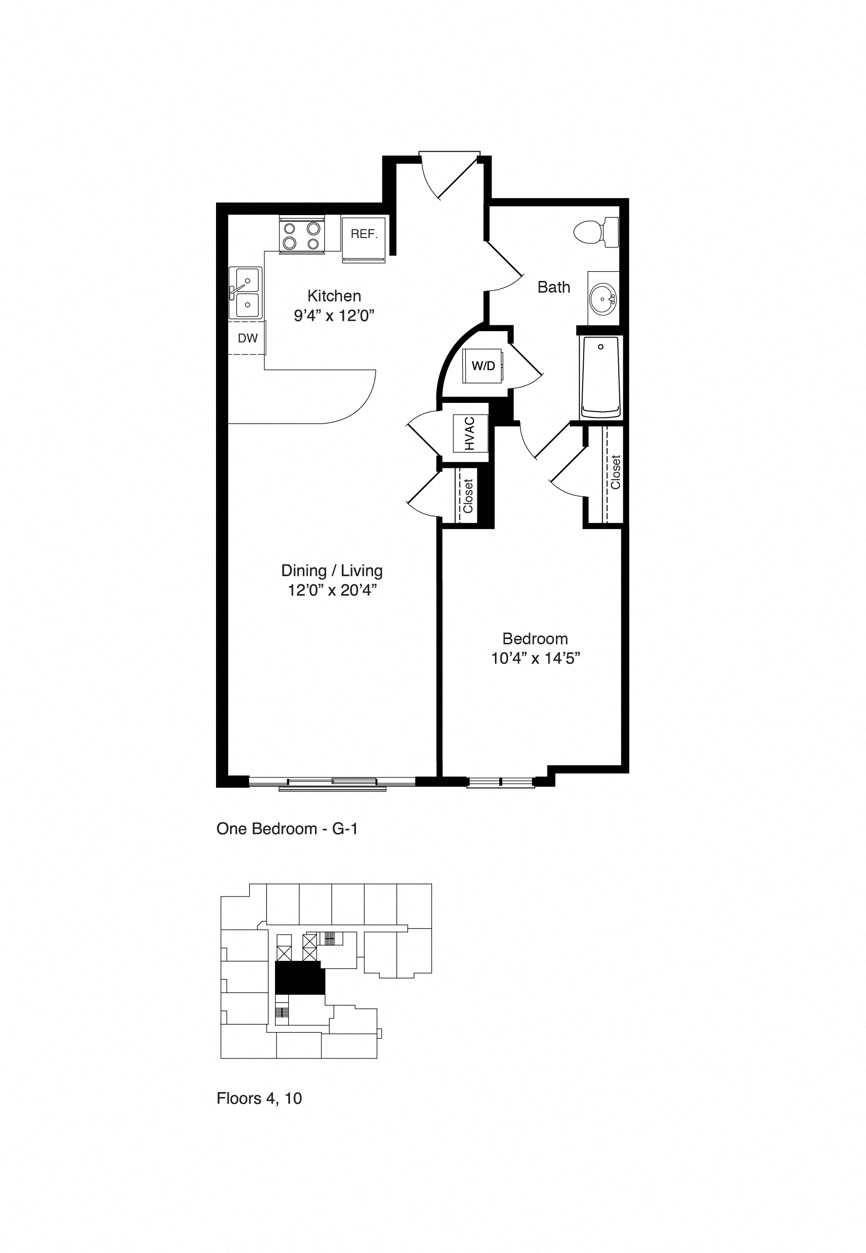 Floor plan for 1 bed, 1 bath, 792 sqft